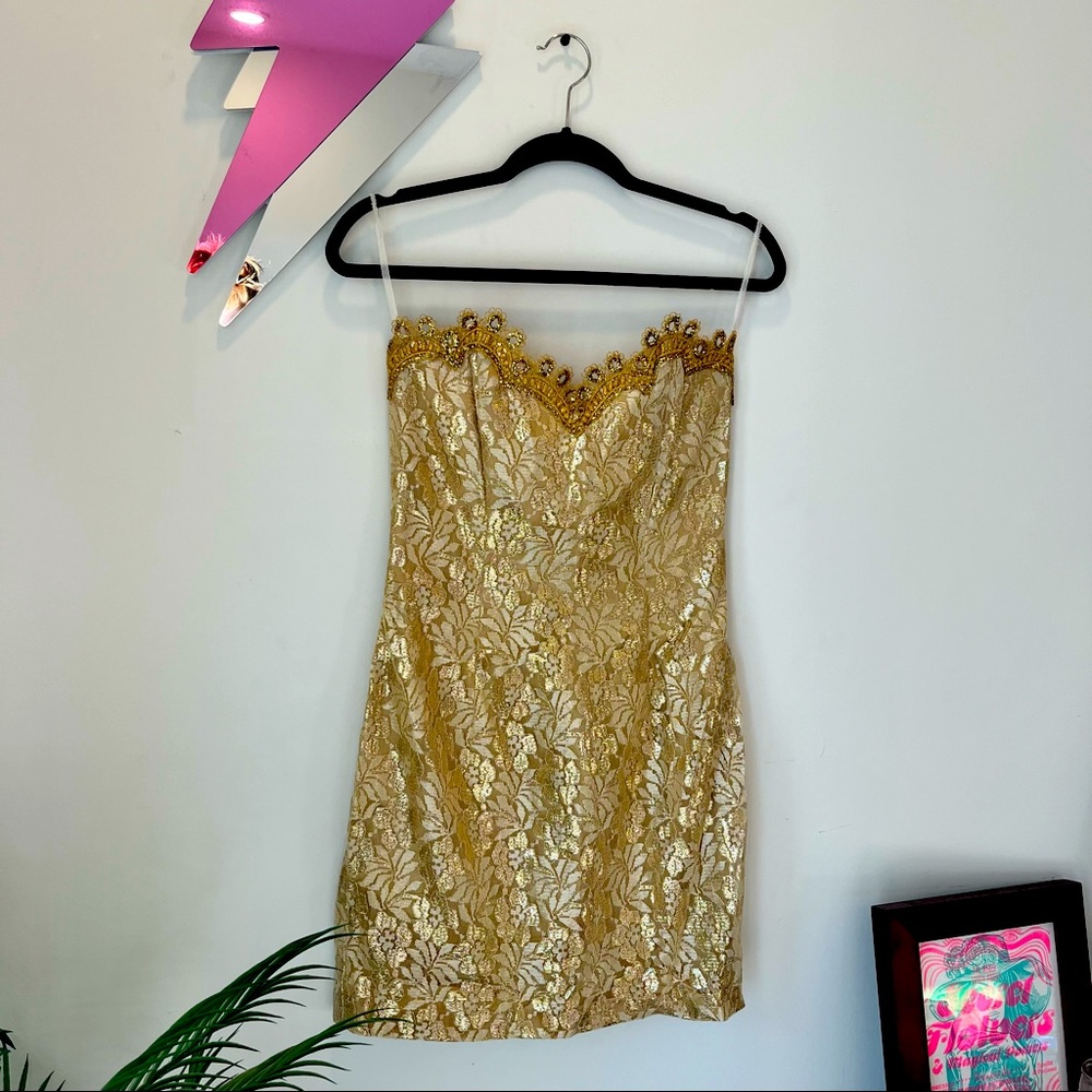 Vintage 80s/90s Jessica McClintock Gunne Sax Sparkly Gold Strapless Dress